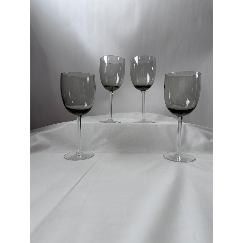 4 Smoke Grey Retro Wine Glasses with Clear Stems 7.75 Inch Barware Stemware